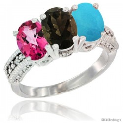 14K White Gold Natural Pink Topaz, Smoky Topaz & Turquoise Ring 3-Stone 7x5 mm Oval Diamond Accent