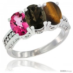 14K White Gold Natural Pink Topaz, Smoky Topaz & Tiger Eye Ring 3-Stone 7x5 mm Oval Diamond Accent