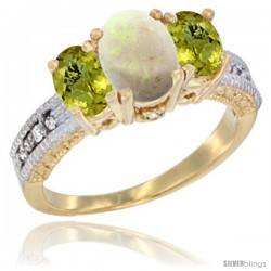 10K Yellow Gold Ladies Oval Natural Opal 3-Stone Ring with Lemon Quartz Sides Diamond Accent