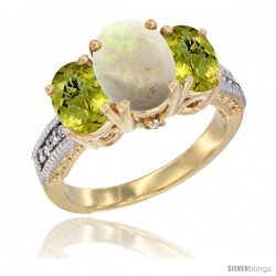 10K Yellow Gold Ladies 3-Stone Oval Natural Opal Ring with Lemon Quartz Sides Diamond Accent