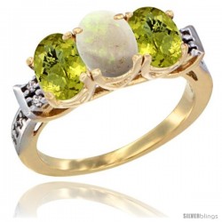 10K Yellow Gold Natural Opal & Lemon Quartz Sides Ring 3-Stone Oval 7x5 mm Diamond Accent