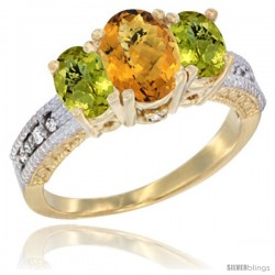 10K Yellow Gold Ladies Oval Natural Whisky Quartz 3-Stone Ring with Lemon Quartz Sides Diamond Accent