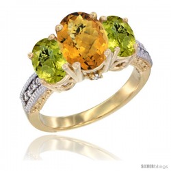 10K Yellow Gold Ladies 3-Stone Oval Natural Whisky Quartz Ring with Lemon Quartz Sides Diamond Accent