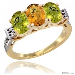 10K Yellow Gold Natural Whisky Quartz & Lemon Quartz Sides Ring 3-Stone Oval 7x5 mm Diamond Accent