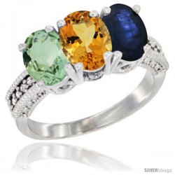 10K White Gold Natural Green Amethyst, Citrine & Blue Sapphire Ring 3-Stone Oval 7x5 mm Diamond Accent