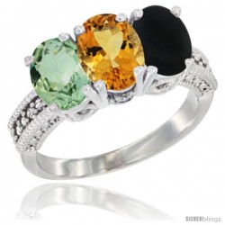 10K White Gold Natural Green Amethyst, Citrine & Black Onyx Ring 3-Stone Oval 7x5 mm Diamond Accent