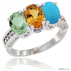 10K White Gold Natural Green Amethyst, Citrine & Turquoise Ring 3-Stone Oval 7x5 mm Diamond Accent