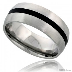 Surgical Steel Domed 8mm Wedding Band Ring Black Stripe Inlay Center Matte Finish Comfort-fit