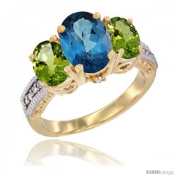 14K Yellow Gold Ladies 3-Stone Oval Natural London Blue Topaz Ring with Peridot Sides Diamond Accent