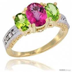 14k Yellow Gold Ladies Oval Natural Pink Topaz 3-Stone Ring with Peridot Sides Diamond Accent