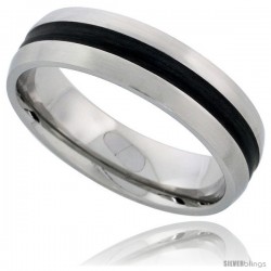 Surgical Steel Domed 6mm Wedding Band Ring Black Stripe Inlay Center Matte Finish Comfort-fit