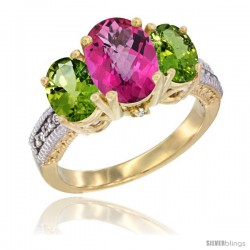 14K Yellow Gold Ladies 3-Stone Oval Natural Pink Topaz Ring with Peridot Sides Diamond Accent