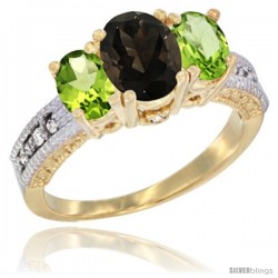 14k Yellow Gold Ladies Oval Natural Smoky Topaz 3-Stone Ring with Peridot Sides Diamond Accent