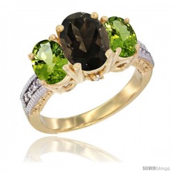 14K Yellow Gold Ladies 3-Stone Oval Natural Smoky Topaz Ring with Peridot Sides Diamond Accent