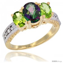 14k Yellow Gold Ladies Oval Natural Mystic Topaz 3-Stone Ring with Peridot Sides Diamond Accent