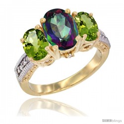 14K Yellow Gold Ladies 3-Stone Oval Natural Mystic Topaz Ring with Peridot Sides Diamond Accent