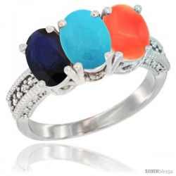 14K White Gold Natural Blue Sapphire, Turquoise & Coral Ring 3-Stone 7x5 mm Oval Diamond Accent