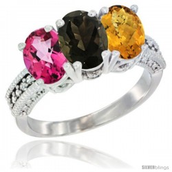 14K White Gold Natural Pink Topaz, Smoky Topaz & Whisky Quartz Ring 3-Stone 7x5 mm Oval Diamond Accent