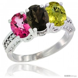 14K White Gold Natural Pink Topaz, Smoky Topaz & Lemon Quartz Ring 3-Stone 7x5 mm Oval Diamond Accent