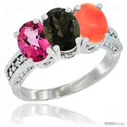 14K White Gold Natural Pink Topaz, Smoky Topaz & Coral Ring 3-Stone 7x5 mm Oval Diamond Accent