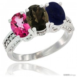 14K White Gold Natural Pink Topaz, Smoky Topaz & Lapis Ring 3-Stone 7x5 mm Oval Diamond Accent