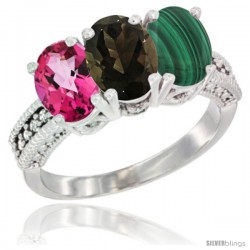 14K White Gold Natural Pink Topaz, Smoky Topaz & Malachite Ring 3-Stone 7x5 mm Oval Diamond Accent