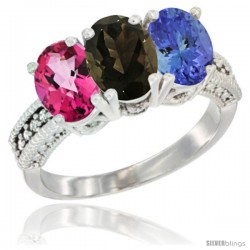 14K White Gold Natural Pink Topaz, Smoky Topaz & Tanzanite Ring 3-Stone 7x5 mm Oval Diamond Accent