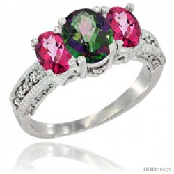 14k White Gold Ladies Oval Natural Mystic Topaz 3-Stone Ring with Pink Topaz Sides Diamond Accent