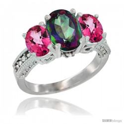 14K White Gold Ladies 3-Stone Oval Natural Mystic Topaz Ring with Pink Topaz Sides Diamond Accent