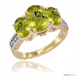 10K Yellow Gold Ladies 3-Stone Oval Natural Lemon Quartz Ring Diamond Accent