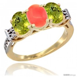 10K Yellow Gold Natural Coral & Lemon Quartz Sides Ring 3-Stone Oval 7x5 mm Diamond Accent