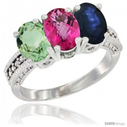 14K White Gold Natural Green Amethyst, Pink Topaz & Blue Sapphire Ring 3-Stone 7x5 mm Oval Diamond Accent