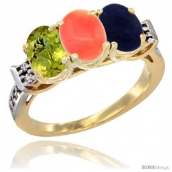 10K Yellow Gold Natural Lemon Quartz, Coral & Lapis Ring 3-Stone Oval 7x5 mm Diamond Accent