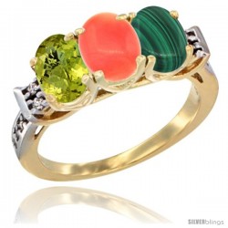 10K Yellow Gold Natural Lemon Quartz, Coral & Malachite Ring 3-Stone Oval 7x5 mm Diamond Accent