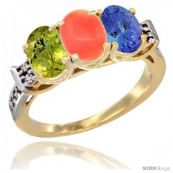 10K Yellow Gold Natural Lemon Quartz, Coral & Tanzanite Ring 3-Stone Oval 7x5 mm Diamond Accent