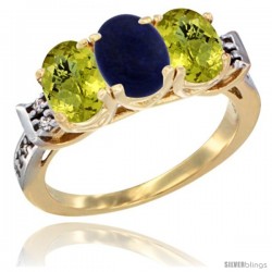 10K Yellow Gold Natural Lapis & Lemon Quartz Sides Ring 3-Stone Oval 7x5 mm Diamond Accent