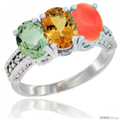 10K White Gold Natural Green Amethyst, Citrine & Coral Ring 3-Stone Oval 7x5 mm Diamond Accent