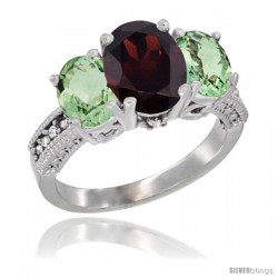 10K White Gold Ladies Natural Garnet Oval 3 Stone Ring with Green Amethyst Sides Diamond Accent