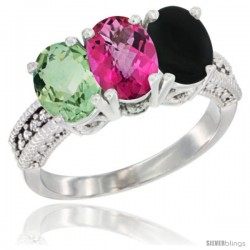 14K White Gold Natural Green Amethyst, Pink Topaz & Black Onyx Ring 3-Stone 7x5 mm Oval Diamond Accent