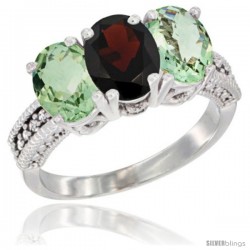 10K White Gold Natural Garnet & Green Amethyst Sides Ring 3-Stone Oval 7x5 mm Diamond Accent