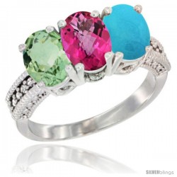 14K White Gold Natural Green Amethyst, Pink Topaz & Turquoise Ring 3-Stone 7x5 mm Oval Diamond Accent