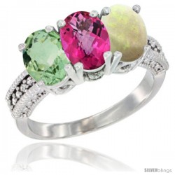 14K White Gold Natural Green Amethyst, Pink Topaz & Opal Ring 3-Stone 7x5 mm Oval Diamond Accent