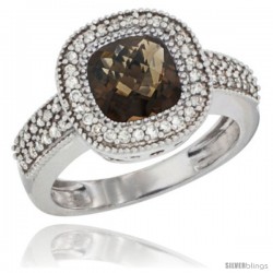 10K White Gold Natural Smoky Topaz Ring Cushion-cut 7x7 Stone Diamond Accent