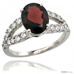 14k White Gold Natural Garnet Ring 10x8 mm Oval Shape Diamond Accent, 3/8inch wide