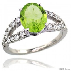 14k White Gold Natural Peridot Ring 10x8 mm Oval Shape Diamond Accent, 3/8inch wide