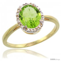 14k Yellow Gold Peridot Diamond Halo Ring 1.17 Carat 8X6 mm Oval Shape, 1/2 in wide