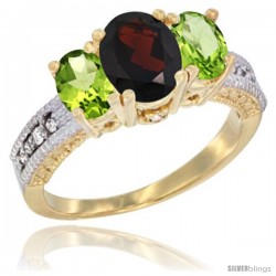 14k Yellow Gold Ladies Oval Natural Garnet 3-Stone Ring with Peridot Sides Diamond Accent