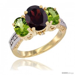 14K Yellow Gold Ladies 3-Stone Oval Natural Garnet Ring with Peridot Sides Diamond Accent