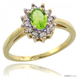 14k Yellow Gold Peridot Diamond Halo Ring Oval Shape 1.2 Carat 6X4 mm, 1/2 in wide