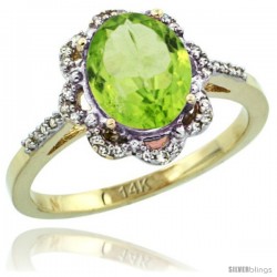 14k Yellow Gold Diamond Halo Peridot Ring 1.65 Carat Oval Shape 9X7 mm, 7/16 in (11mm) wide